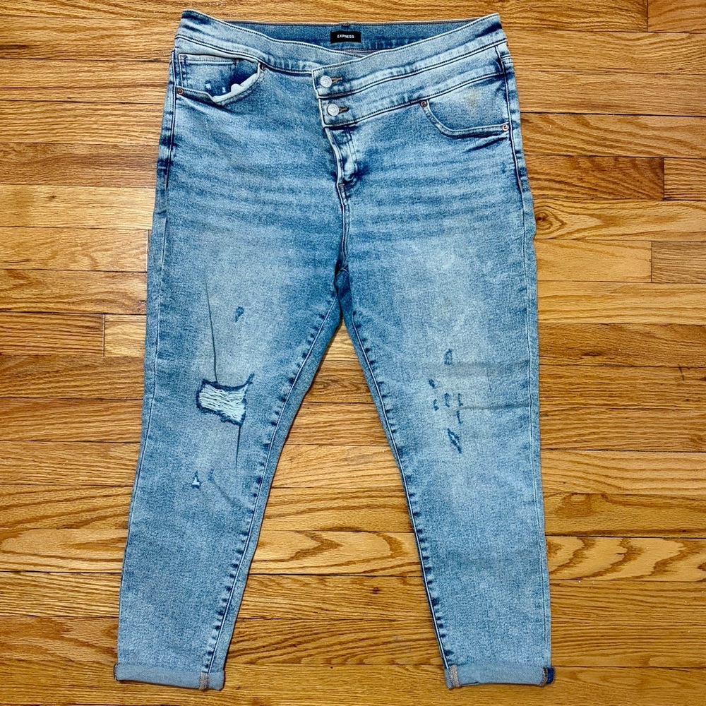 EXPRESS High Rise Light Wash Crop Ripped Skinny Crossover Waist Stretch Jeans 14